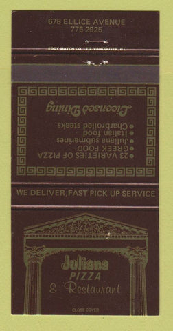 Matchbook Cover - Juliana Pizza Restaurant Winnipeg MB 30 Strike