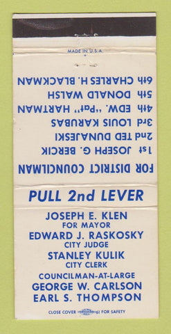 Matchbook Cover - Joseph E Klen for Mayor Election 30 Strike