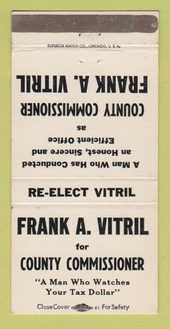 Matchbook Cover - Frank Vitril for County Commissioner Election 30 Strike