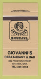 Matchbook Cover - Giovanni's Restaurant Bar Ottawa ON 30 Strike