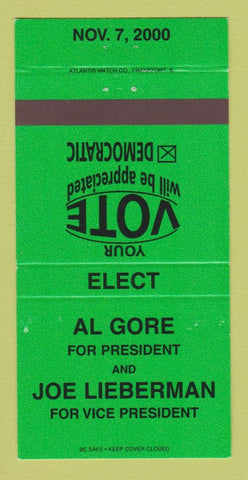 Matchbook Cover - Al Gore for President 2000 Joe Lieberman GREEN 30 Strike