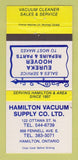 Matchbook Cover - Hamilton Vacuum Supply ON WEAR 30 Strike
