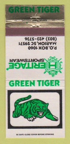 Matchbook Cover - Green Tiger Heritage Sportswear Marion SC 30 Strike