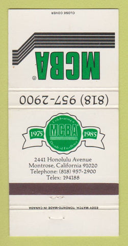 Matchbook Cover - MCBA Montrose CA 1985 30 Strike