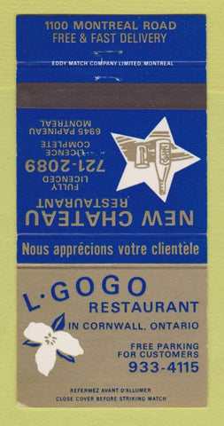 Matchbook Cover L Gogo Restaurant New Chateau Montreal QC Cornwall ON 30 Strike