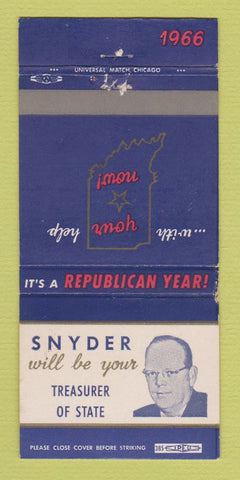 Matchbook Cover - Snyder Republican Treasurer Election 1966 IN Indiana 30 Strike