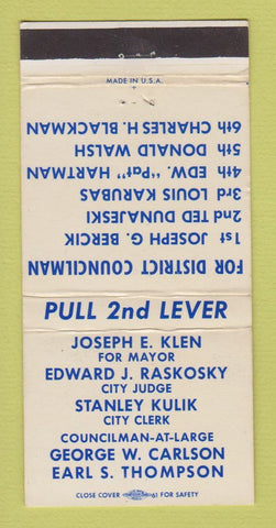 Matchbook Cover - Joseph Klen for Mayor Election 30 Strike