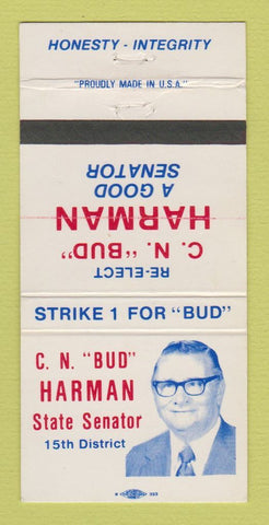 Matchbook Cover - CN Bud Harman State Senator Election 30 Strike