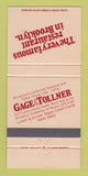 Matchbook Cover - Gage & Tollner Steak House Brooklyn NY 30 Strike
