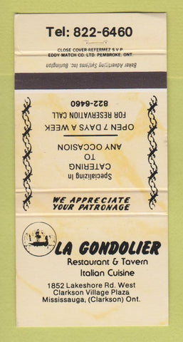 Matchbook Cover - La Gondolier Restaurant Tavern Mississauga ON 30 Strike
