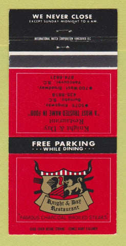 Matchbook Cover - Knight & Day Restaurant Vancouver Burnaby BC 30 Strike