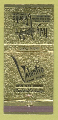 Matchbook Cover - Valenti's Steaks Italian Miami FL 30 Strike