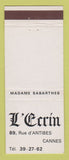 Matchbook Cover - L'Errin Cannes France Madame Sabarthes France WEAR