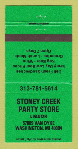Matchbook Cover - Stoney Creek Party Store Liquor Washington MI 30 Strike