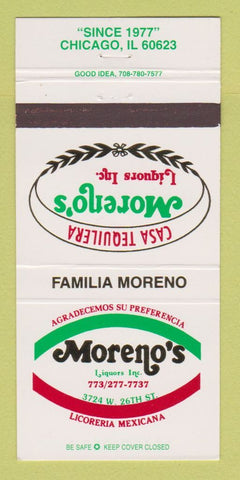 Matchbook Cover - Moreno's Liquors Chicago IL Casa Tequilera 30 Strike