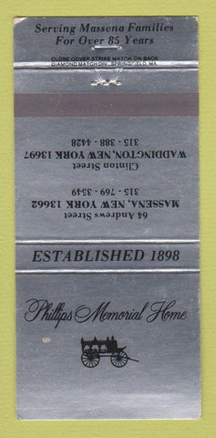 Matchbook Cover - Phillips Memorial Home Funeral Massena NY Waddington 30 Strike