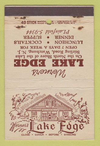 Matchbook Cover - Werner's Lake Edge Watchung NJ 40 Stick