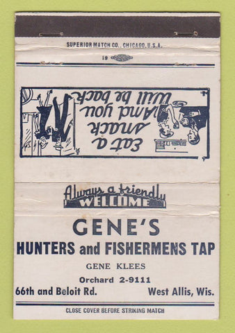 Matchbook Cover - Gene's Hunters Fishermens Tap West Allis WI WEAR 40 Strike