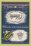 Matchbook Cover - Columbia Diamond Rings Gaylord's Jewelry Sac City IA 40 Stick