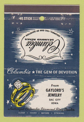Matchbook Cover - Columbia Diamond Rings Gaylord's Jewelry Sac City IA 40 Stick