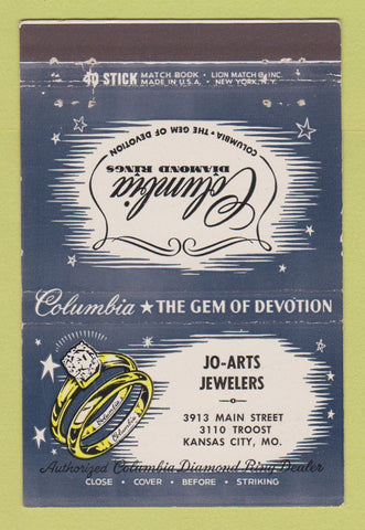 Matchbook Cover - Columbia Diamond Rings Jo Arts Jewelry Kansas City MO 40 Stick