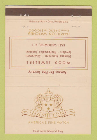 Matchbook Cover - Hamilton Watches Wood Jewelry East Greenwich RI 40 Strike