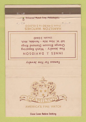 Matchbook Cover - Hamilton Watches Innes Davidson Ferndale MI 40 Strike