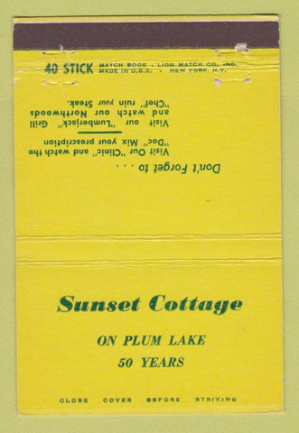 Matchbook Cover - Sunset Cottage Plum Lake WI 40 Stick