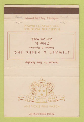 Matchbook Cover - Hamilton Watches Stewart Heney Jewelry Clinton MA 40 Strike