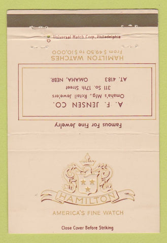 Matchbook Cover - Hamilton Watches AF Jensen Jewelry Omaha NE 40 Strike