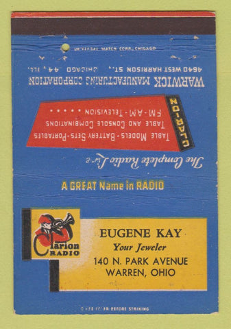Matchbook Cover - Clarion Radio Eugene Kay Jewelry Warren OH 40 Strike