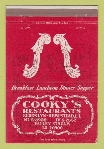 Matchbook Cover - Cooky's Brooklyn NY Hempstead LI PRINTING ERROR 40 Strike