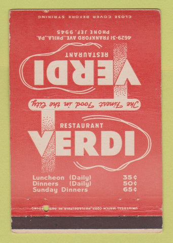 Matchbook Cover - Verdi Restaurant Philadelphia PA 40 Strike