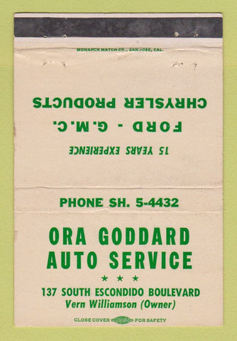 Matchbook Cover - Ora Goddard Auto Service Escondido CA WEAR 40 Strike