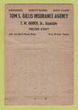 Matchbook Cover - Tom Gillis Insurance Fort Worth TX ADVANCE WORN 40 Strike