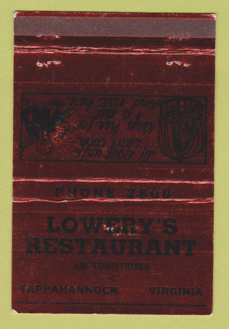 Matchbook Cover - Lowery's Restaurant Tappahannock VA WEAR 40 Strike