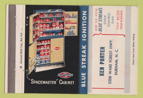Matchbook Cover - Blue Streak Ignition Parts Ken Porter Durham NC 40 Strike