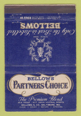Matchbook Cover - Bellows Partners Choice Whiskey Baltimore MD 40 Stick