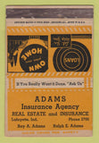 Matchbook Cover - Adams Insurance Agency Lafayette IN WEAR 40 Strike