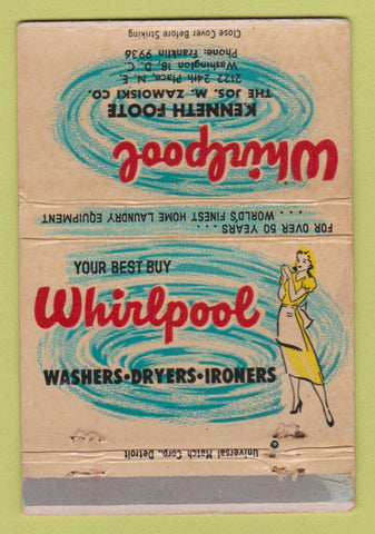 Matchbook Cover Whirlpool Appliances Washington DC Kenneth Foote WORN 40 Strike