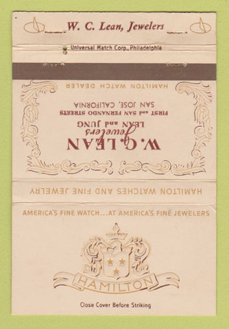 Matchbook Cover - Hamilton Watches WC Lean Jewelry San Jose CA 40 Strike