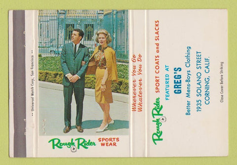 Matchbook Cover - Rough Riger Clothes Greg's Corning CA 40 Strike