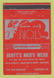 Matchbook Cover - Scott's Men's Clothes Mercer PA 40 Strike