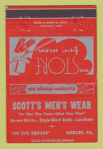 Matchbook Cover - Scott's Men's Clothes Mercer PA 40 Strike