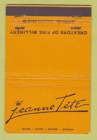 Matchbook Cover - Jeanne Tete Millinery Clothes WEAR 40 Stick