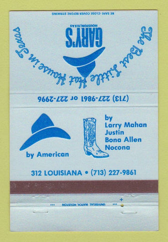 Matchbook Cover - Gary's Hat House Boots Houston TX Justin Nocona 40 Strike