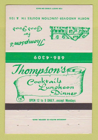 Matchbook Cover - Thompson's Restaurant North Andover MA 40 Strike