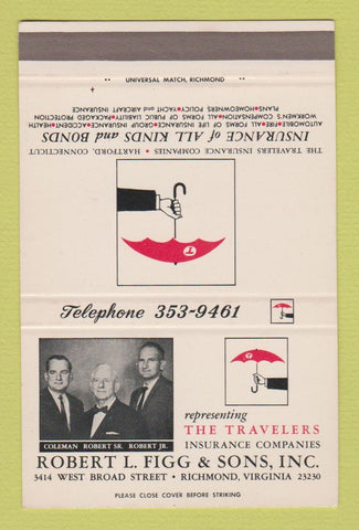 Matchbook Cover - Robert Figg Insurance Travelers Richmond VA 40 Strike
