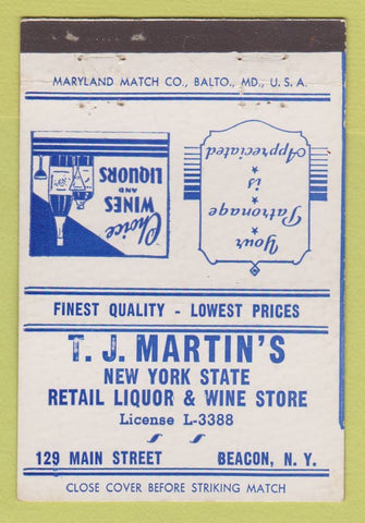 Matchbook Cover - TJ Martin's Liquor Beacon NY 40 Strike