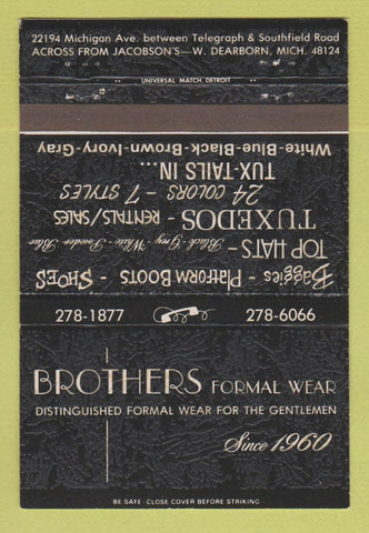 Matchbook Cover - Brothers Formal Clothes Tuxedos Dearborn MI 40 Strike